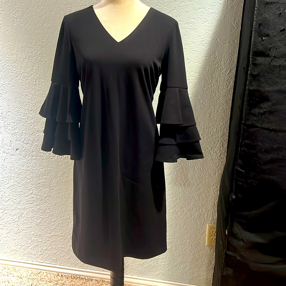Size 6 Tahari little black long frilly sleeve dress!